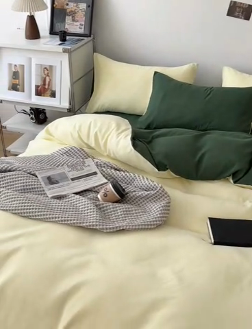 91家纺网 家纺一手货源 找家纺 百花王 2025新款纯色四件套 豆绿牛乳