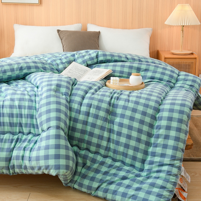 91家纺网 家纺一手货源 找家纺 易展2025新款无印水洗棉格子大豆冬被 格浅绿