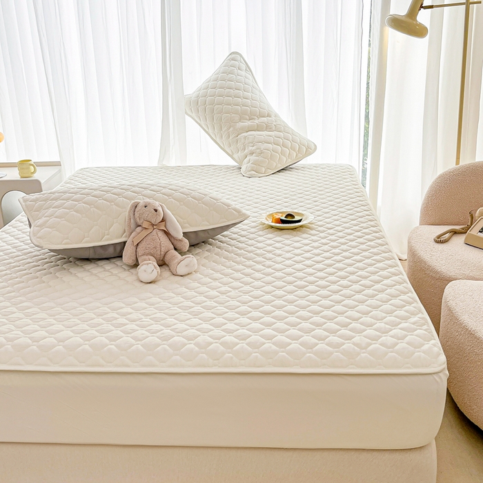 91家纺网 家纺一手货源 找家纺 欧邦 2025新款四季款纯色水洗棉夹棉床笠床垫保护罩 磨毛方格-白色