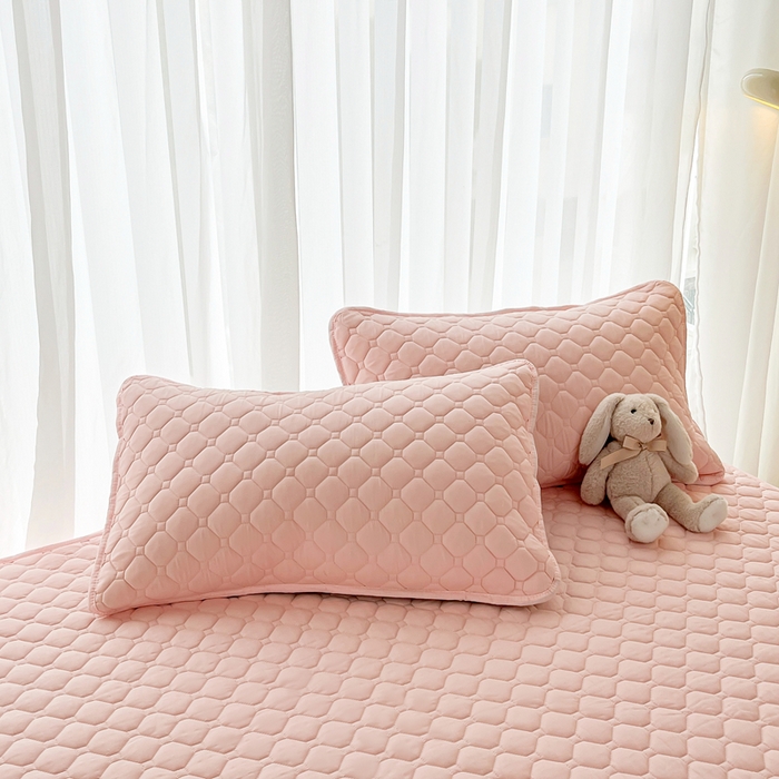 91家纺网 家纺一手货源 找家纺 欧邦 2025新款四季款纯色水洗棉夹棉床笠床垫保护罩 磨毛方格-粉玉