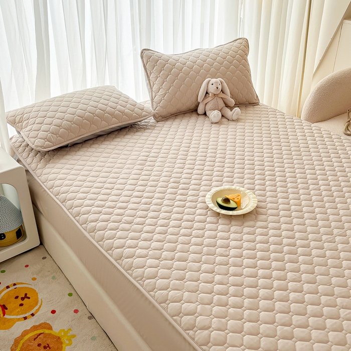 91家纺网 家纺一手货源 找家纺 欧邦 2025新款四季款纯色水洗棉夹棉床笠床垫保护罩 磨毛方格-卡其