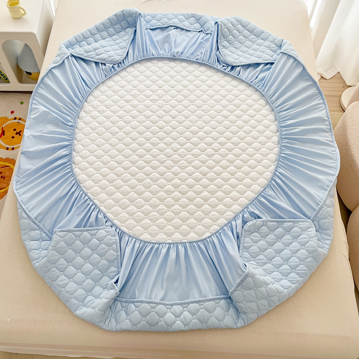 91家纺网 家纺一手货源 找家纺 欧邦 2025新款四季款纯色水洗棉夹棉床笠床垫保护罩 磨毛方格-天蓝