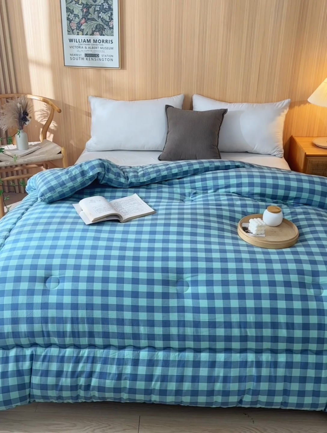 91家纺网 家纺一手货源 找家纺 易展2025新款无印水洗棉格子大豆冬被 格浅绿