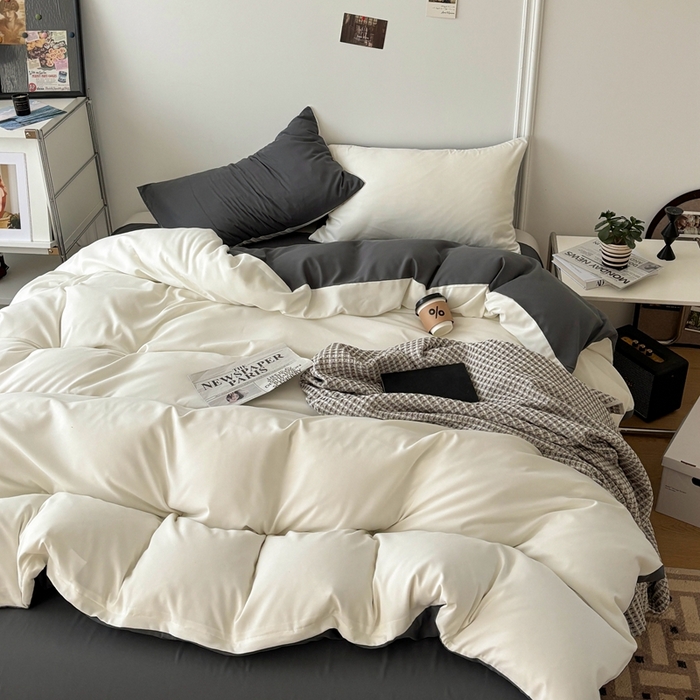 91家纺网 家纺一手货源 找家纺 百花王 2025新款纯色四件套 奶白灰