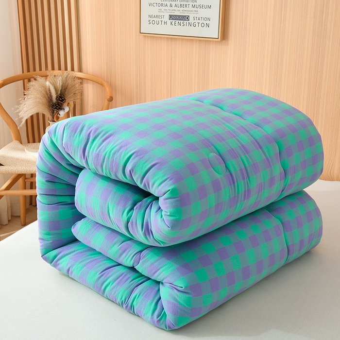 91家纺网 家纺一手货源 找家纺 易展2025新款无印水洗棉格子大豆冬被 湛靓蓝