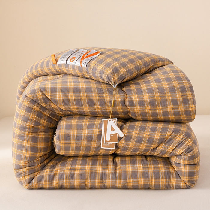 91家纺网 家纺一手货源 找家纺 易展2025新款无印水洗棉格子大豆冬被 深橙格