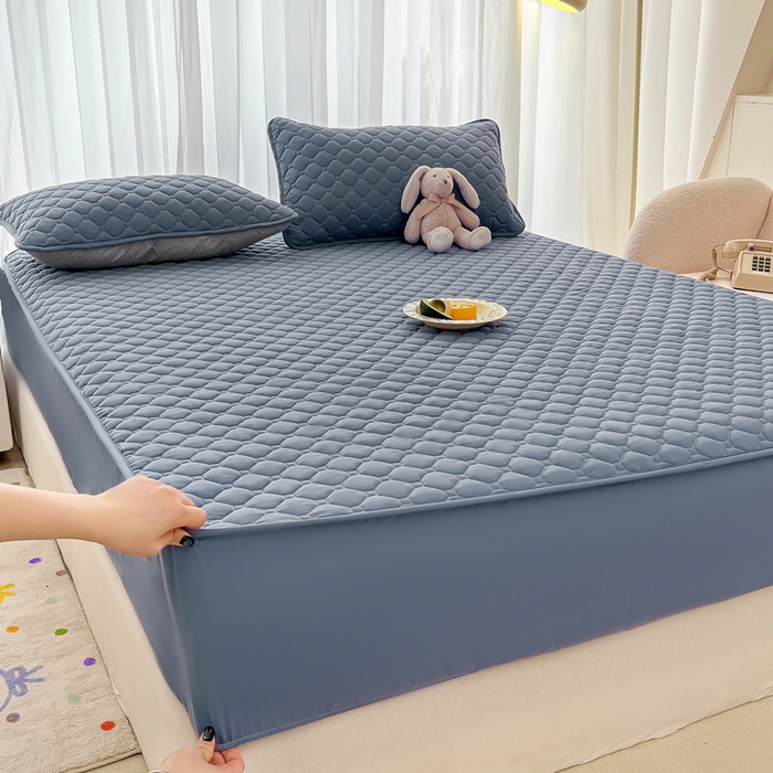 91家纺网 家纺一手货源 找家纺 欧邦 2025新款四季款纯色水洗棉夹棉床笠床垫保护罩 磨毛方格-藏蓝