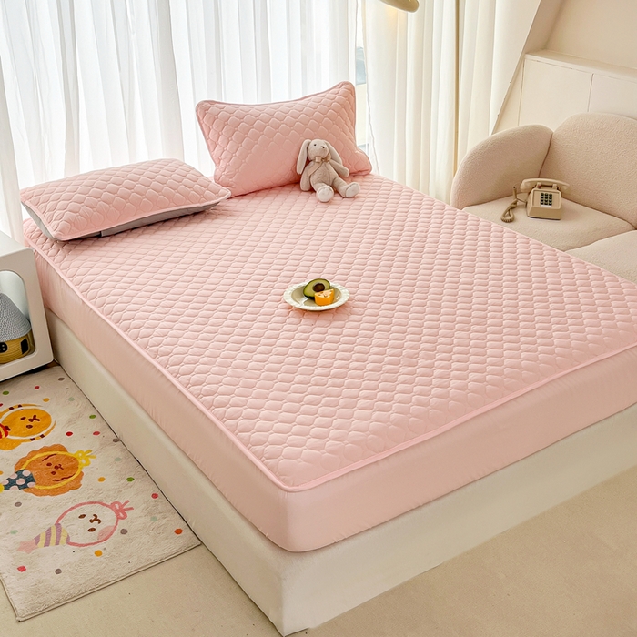 91家纺网 家纺一手货源 找家纺 欧邦 2025新款四季款纯色水洗棉夹棉床笠床垫保护罩 磨毛方格-粉玉