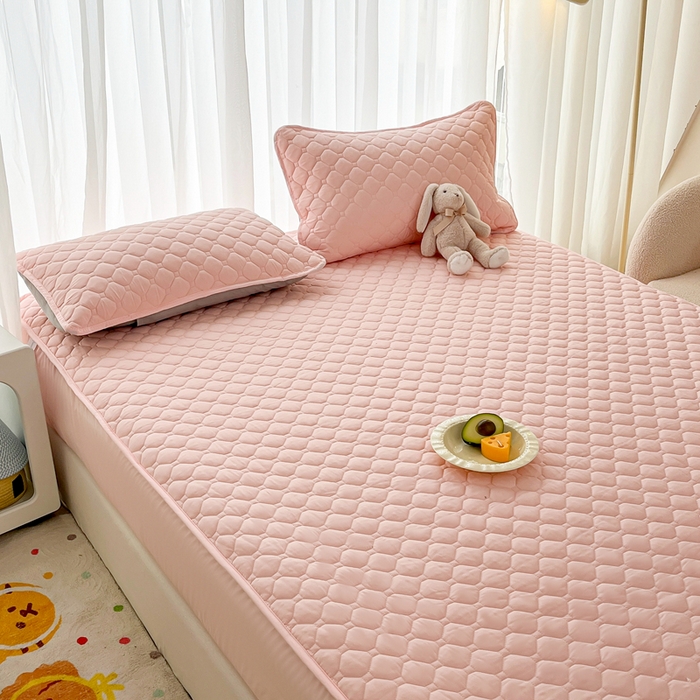 91家纺网 家纺一手货源 找家纺 欧邦 2025新款四季款纯色水洗棉夹棉床笠床垫保护罩 磨毛方格-粉玉