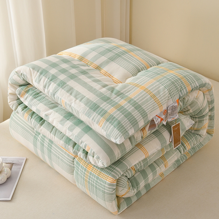 91家纺网 家纺一手货源 找家纺 易展2025新款无印水洗棉格子大豆冬被 缀纹黄