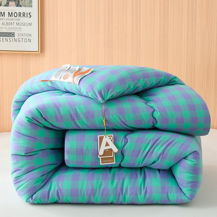 91家纺网 家纺一手货源 找家纺 易展2025新款无印水洗棉格子大豆冬被 湛靓蓝