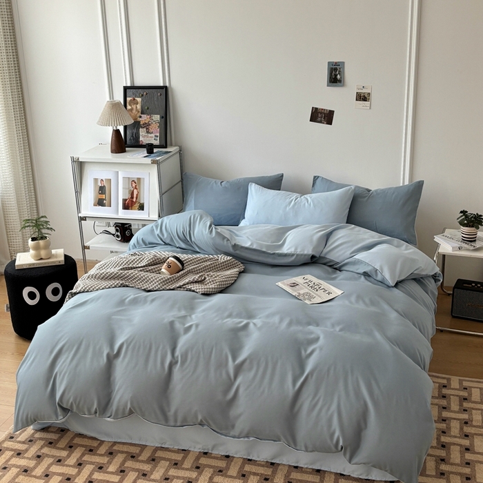 91家纺网 家纺一手货源 找家纺 百花王 2025新款纯色四件套 月光雾蓝