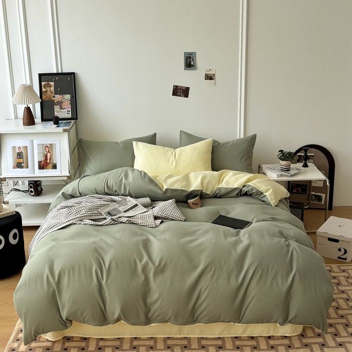 91家纺网 家纺一手货源 找家纺 百花王 2025新款纯色四件套 抹茶奶油