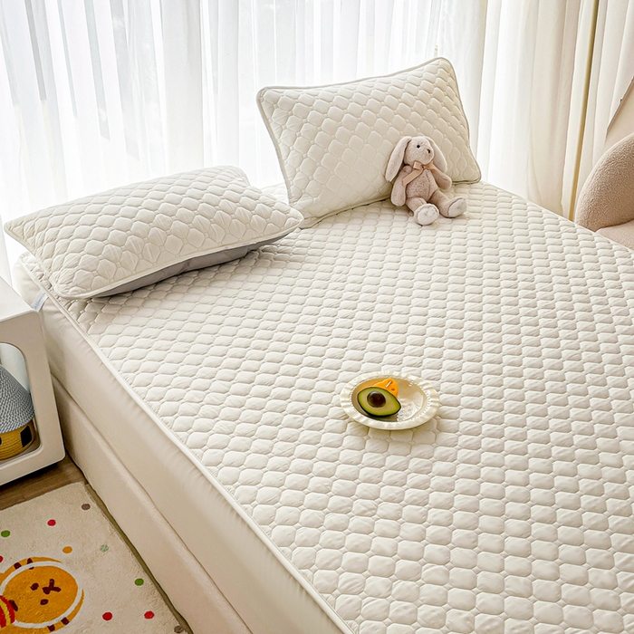 91家纺网 家纺一手货源 找家纺 欧邦 2025新款四季款纯色水洗棉夹棉床笠床垫保护罩 磨毛方格-白色