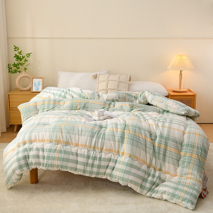 91家纺网 家纺一手货源 找家纺 易展2025新款无印水洗棉格子大豆冬被 缀纹黄