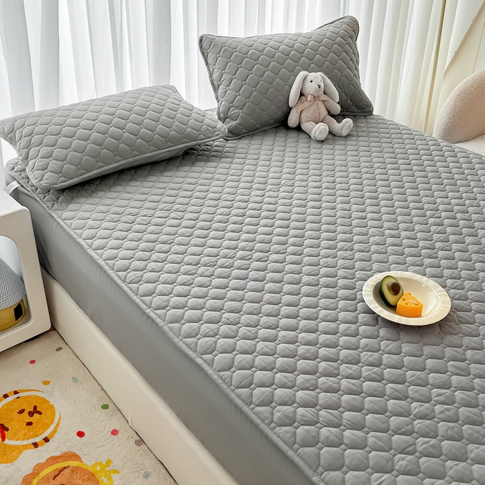 91家纺网 家纺一手货源 找家纺 欧邦 2025新款四季款纯色水洗棉夹棉床笠床垫保护罩 磨毛方格-浅灰