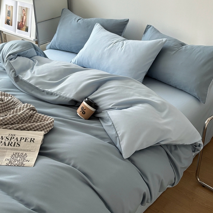 91家纺网 家纺一手货源 找家纺 百花王 2025新款纯色四件套 月光雾蓝