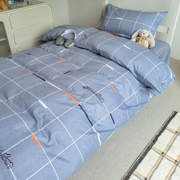 91家纺网 家纺一手货源 找家纺 锦彩家居 2025新款正宗13372全棉学生三件套全棉印花学生宿舍上下铺三件套（量大可定制价格可谈）提供买家秀 简约灰格