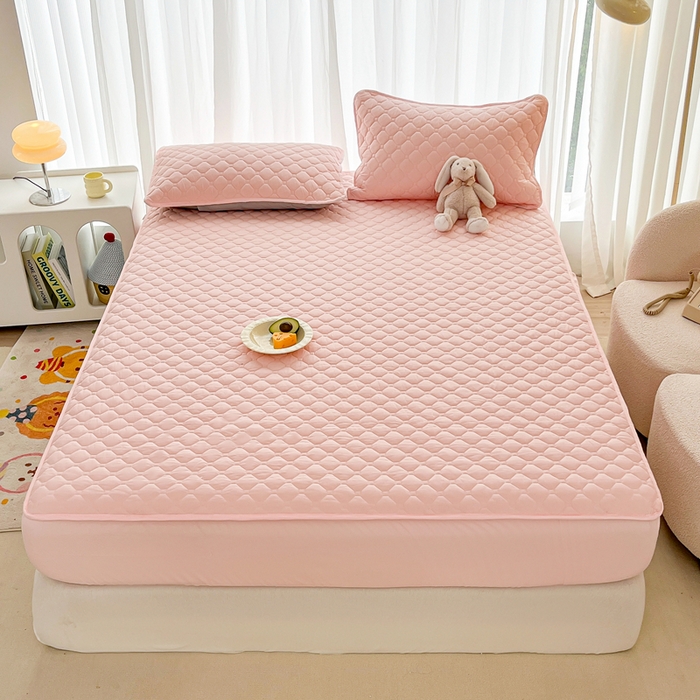 91家纺网 家纺一手货源 找家纺 欧邦 2025新款四季款纯色水洗棉夹棉床笠床垫保护罩 磨毛方格-粉玉