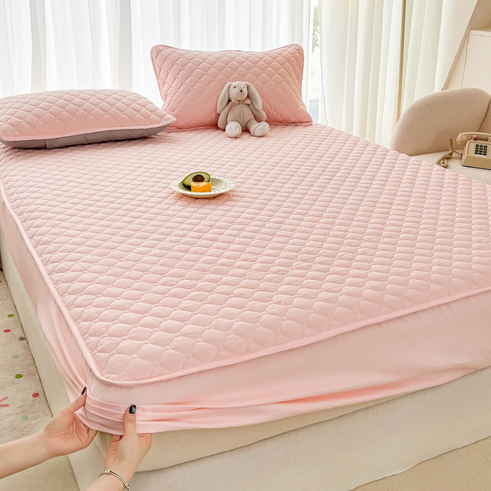 91家纺网 家纺一手货源 找家纺 欧邦 2025新款四季款纯色水洗棉夹棉床笠床垫保护罩 磨毛方格-粉玉