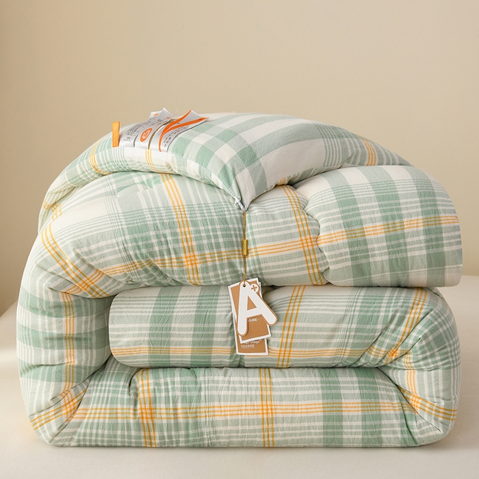 91家纺网 家纺一手货源 找家纺 易展2025新款无印水洗棉格子大豆冬被 缀纹黄