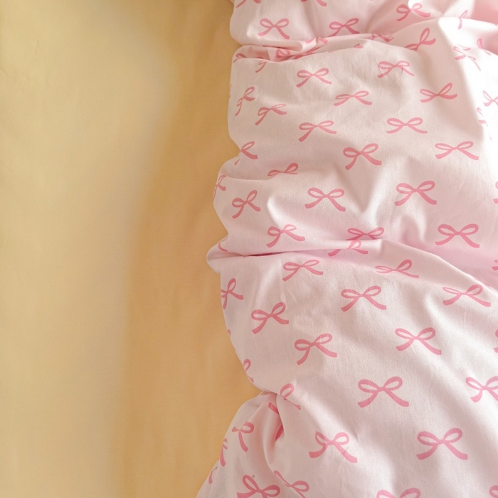 91家纺网 家纺一手货源 找家纺 锦彩家居 2025新款正宗13372全棉学生三件套全棉印花学生宿舍上下铺三件套（量大可定制价格可谈）提供买家秀 粉蝴蝶结