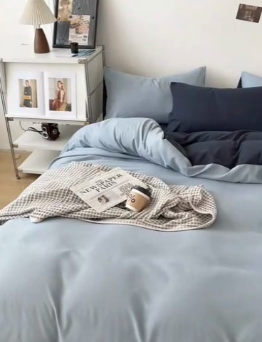 91家纺网 家纺一手货源 找家纺 百花王 2025新款纯色四件套 洛克浅蓝