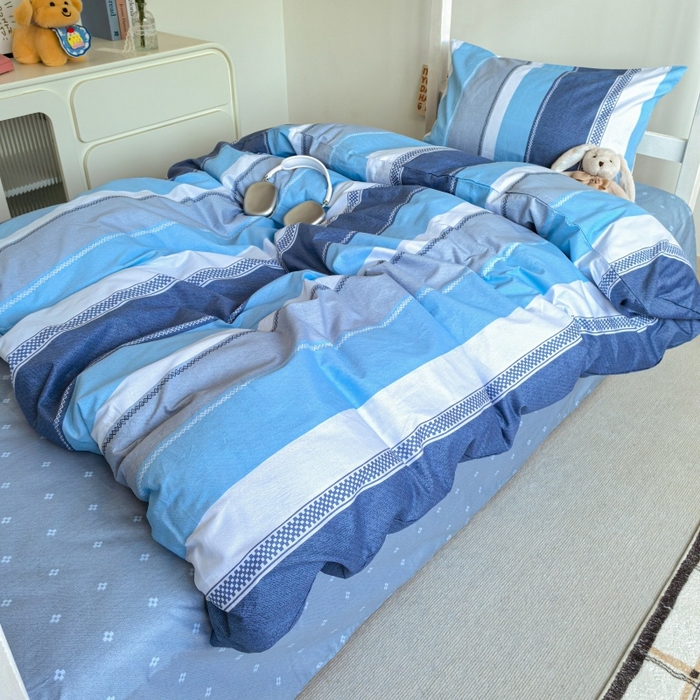 91家纺网 家纺一手货源 找家纺 锦彩家居 2025新款正宗13372全棉学生三件套全棉印花学生宿舍上下铺三件套（量大可定制价格可谈）提供买家秀 莫拉条纹