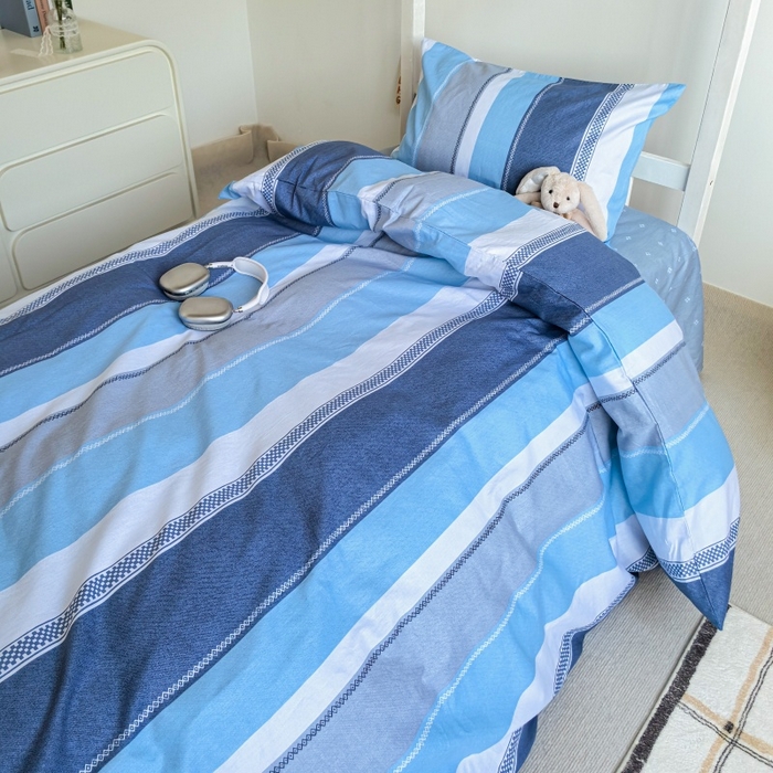 91家纺网 家纺一手货源 找家纺 锦彩家居 2025新款正宗13372全棉学生三件套全棉印花学生宿舍上下铺三件套（量大可定制价格可谈）提供买家秀 莫拉条纹