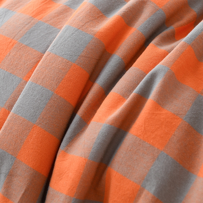 91家纺网 家纺一手货源 找家纺 易展2025新款无印水洗棉格子大豆冬被 浅格橙
