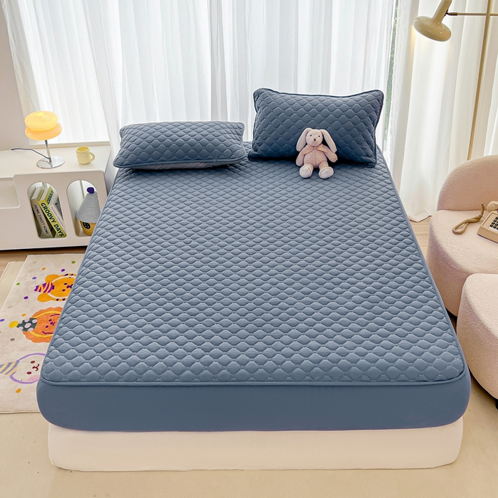 91家纺网 家纺一手货源 找家纺 欧邦 2025新款四季款纯色水洗棉夹棉床笠床垫保护罩 磨毛方格-藏蓝