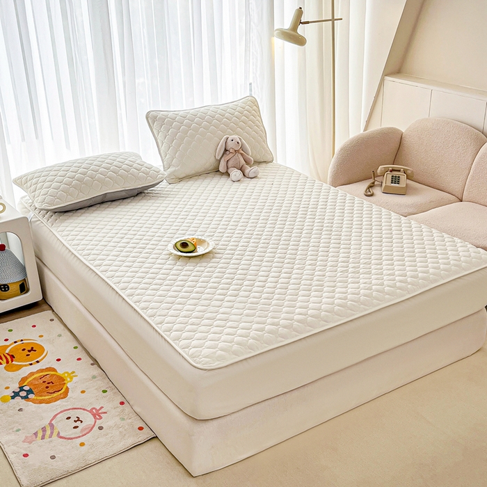 91家纺网 家纺一手货源 找家纺 欧邦 2025新款四季款纯色水洗棉夹棉床笠床垫保护罩 磨毛方格-白色