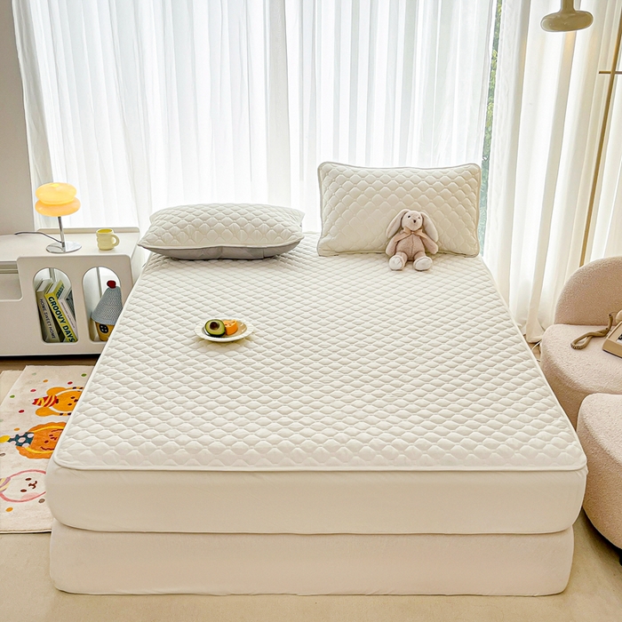 91家纺网 家纺一手货源 找家纺 欧邦 2025新款四季款纯色水洗棉夹棉床笠床垫保护罩 磨毛方格-白色