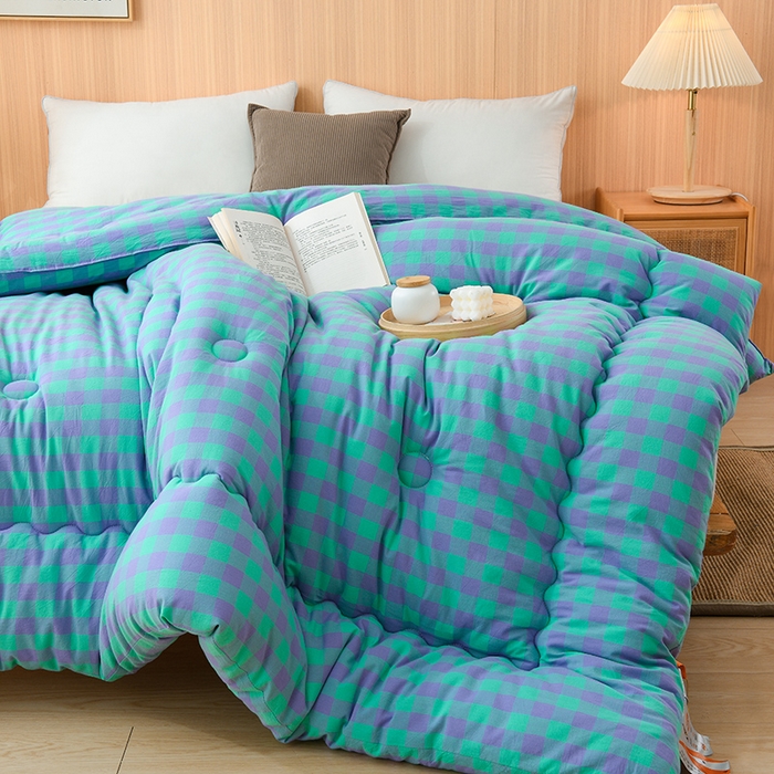 91家纺网 家纺一手货源 找家纺 易展2025新款无印水洗棉格子大豆冬被 湛靓蓝