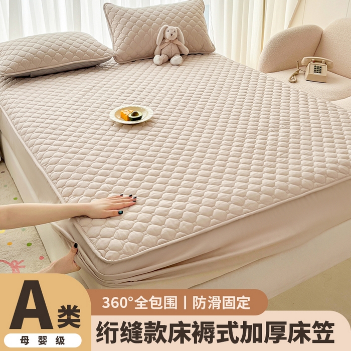 91家纺网 家纺一手货源 找家纺 欧邦 2025新款四季款纯色水洗棉夹棉床笠床垫保护罩 磨毛方格-卡其