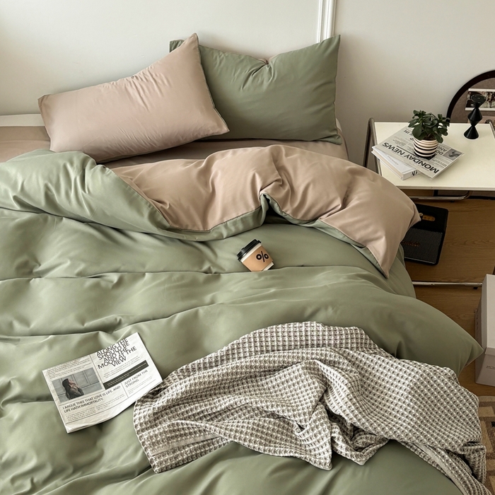 91家纺网 家纺一手货源 找家纺 百花王 2025新款纯色四件套 抹茶卡其