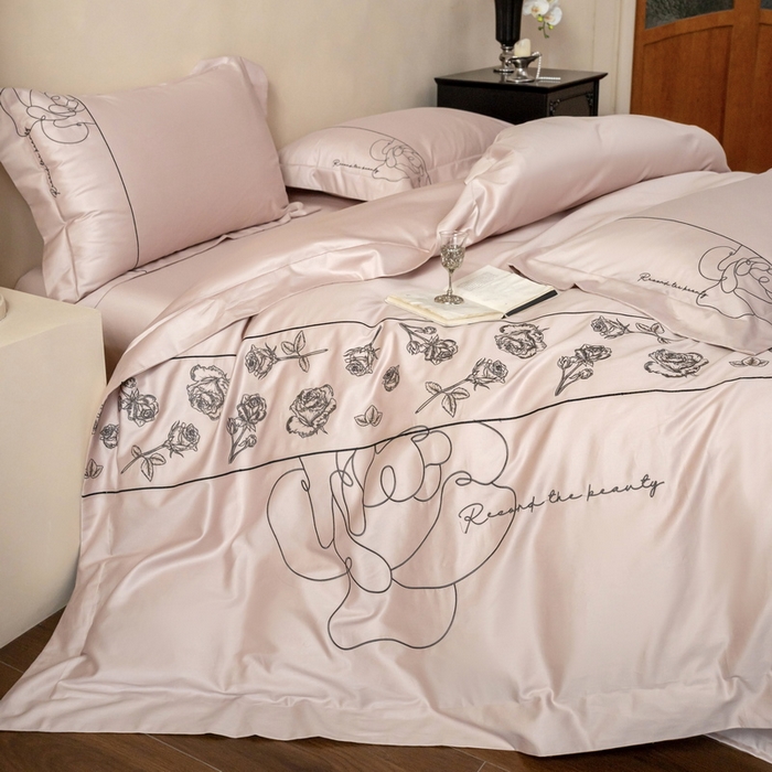 91家纺网 家纺一手货源 找家纺 艾莱家纺 2025春夏新款A类100S长绒棉全棉纯棉四件套-小野玫瑰 小野玫瑰-蜜桃粉