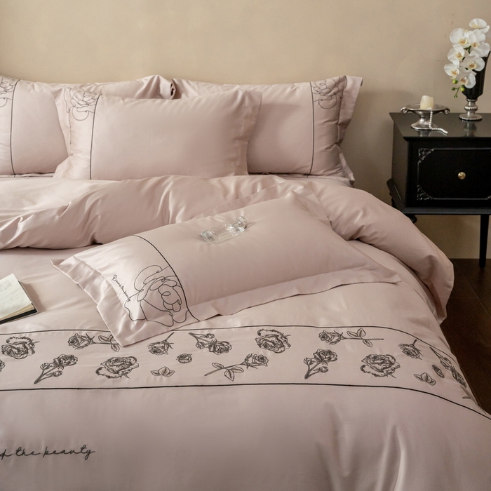 91家纺网 家纺一手货源 找家纺 艾莱家纺 2025春夏新款A类100S长绒棉全棉纯棉四件套-小野玫瑰 小野玫瑰-蜜桃粉