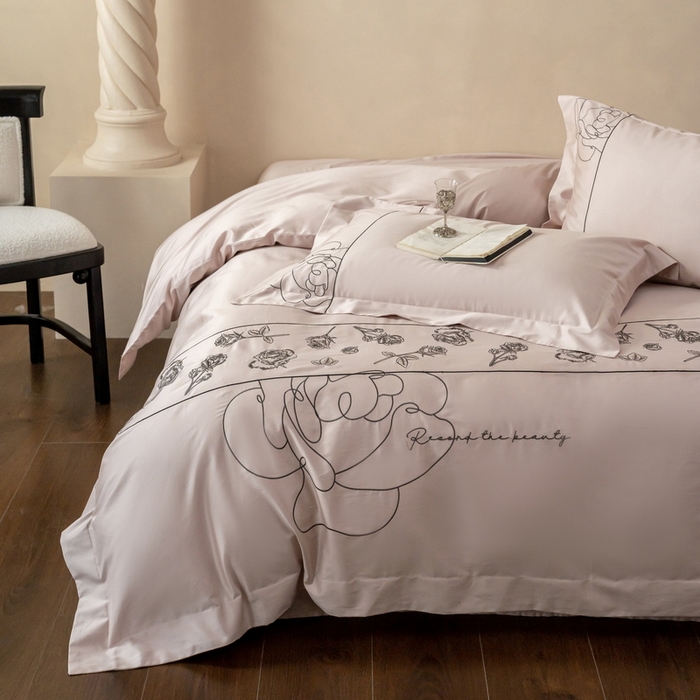 91家纺网 家纺一手货源 找家纺 艾莱家纺 2025春夏新款A类100S长绒棉全棉纯棉四件套-小野玫瑰 小野玫瑰-蜜桃粉