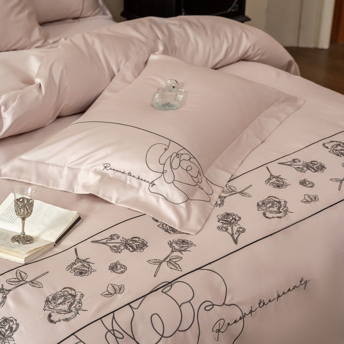 91家纺网 家纺一手货源 找家纺 艾莱家纺 2025春夏新款A类100S长绒棉全棉纯棉四件套-小野玫瑰 小野玫瑰-蜜桃粉