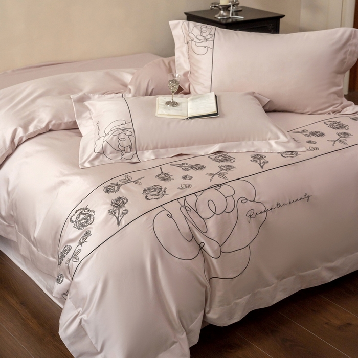 91家纺网 家纺一手货源 找家纺 艾莱家纺 2025春夏新款A类100S长绒棉全棉纯棉四件套-小野玫瑰 小野玫瑰-蜜桃粉