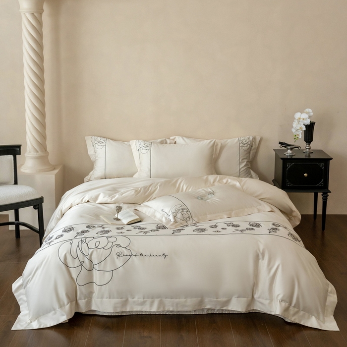 艾莱家纺 2025春夏新款A类100S长绒棉全棉纯棉四件套-小野玫瑰 小野玫瑰-奶昔白