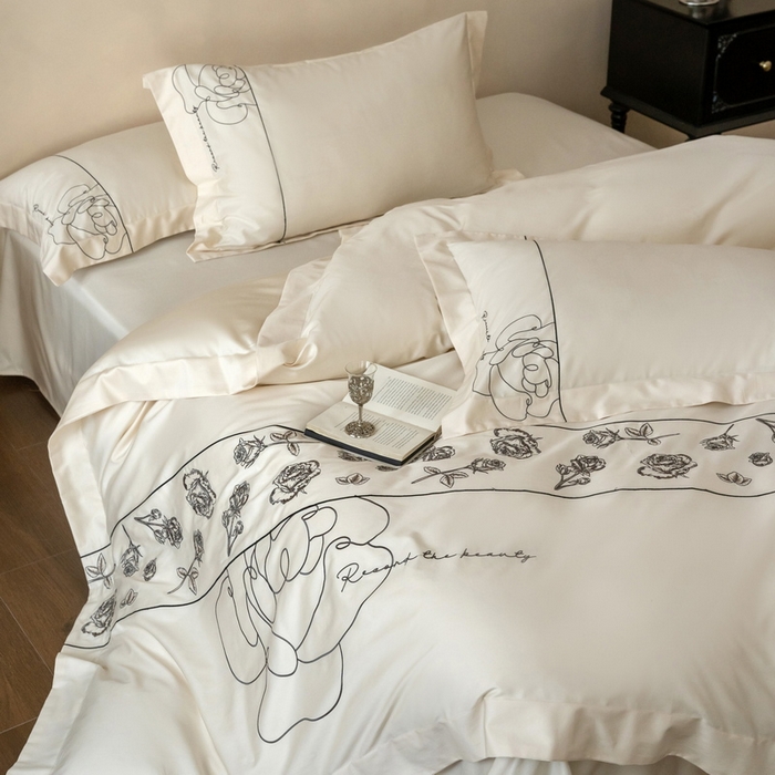 91家纺网 家纺一手货源 找家纺 艾莱家纺 2025春夏新款A类100S长绒棉全棉纯棉四件套-小野玫瑰 小野玫瑰-奶昔白