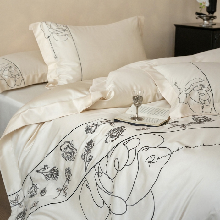 91家纺网 家纺一手货源 找家纺 艾莱家纺 2025春夏新款A类100S长绒棉全棉纯棉四件套-小野玫瑰 小野玫瑰-奶昔白