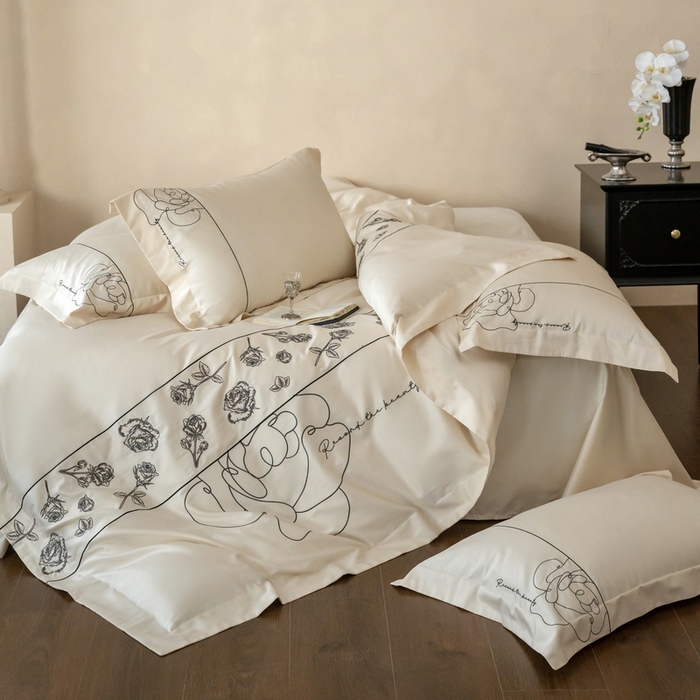 91家纺网 家纺一手货源 找家纺 艾莱家纺 2025春夏新款A类100S长绒棉全棉纯棉四件套-小野玫瑰 小野玫瑰-奶昔白