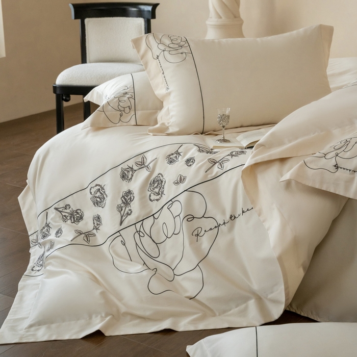 91家纺网 家纺一手货源 找家纺 艾莱家纺 2025春夏新款A类100S长绒棉全棉纯棉四件套-小野玫瑰 小野玫瑰-奶昔白