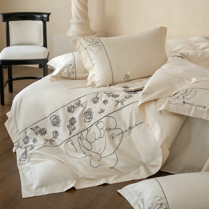 91家纺网 家纺一手货源 找家纺 艾莱家纺 2025春夏新款A类100S长绒棉全棉纯棉四件套-小野玫瑰 小野玫瑰-奶昔白