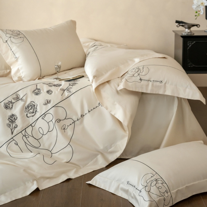 91家纺网 家纺一手货源 找家纺 艾莱家纺 2025春夏新款A类100S长绒棉全棉纯棉四件套-小野玫瑰 小野玫瑰-奶昔白