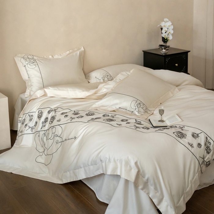 91家纺网 家纺一手货源 找家纺 艾莱家纺 2025春夏新款A类100S长绒棉全棉纯棉四件套-小野玫瑰 小野玫瑰-奶昔白