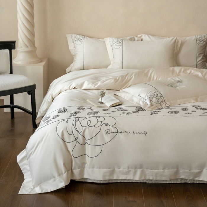 91家纺网 家纺一手货源 找家纺 艾莱家纺 2025春夏新款A类100S长绒棉全棉纯棉四件套-小野玫瑰 小野玫瑰-奶昔白